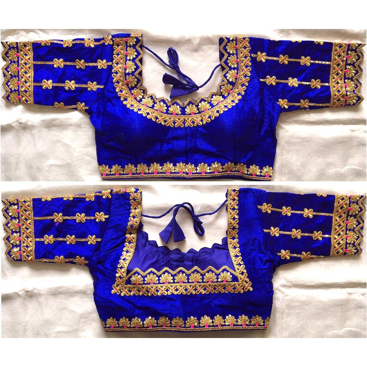 Vihu Fashion Women's Silk Floral Half Sleeve Regular Vf Hariyali Blouse Royal Blue 38