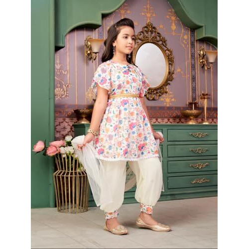 Aarika Girls Ethnic Wear Pink-Cream Colour Floral Print Silk Kurti Patiala Set (4-13 Years)