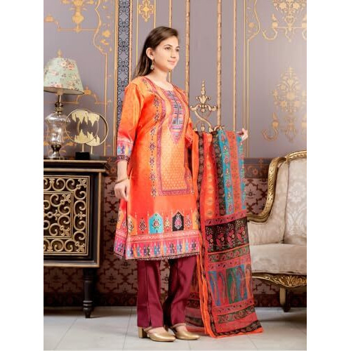 Aarika Girls Ethnic Wear Orange-Wine Colour Abstract Embalished Satin Kurti Pant Set-8-15 Years (Kp-Tr-K-1039)