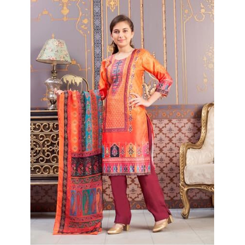 Aarika Girls Ethnic Wear Orange-Wine Colour Abstract Embalished Satin Kurti Pant Set-8-15 Years (Kp-Tr-K-1039)