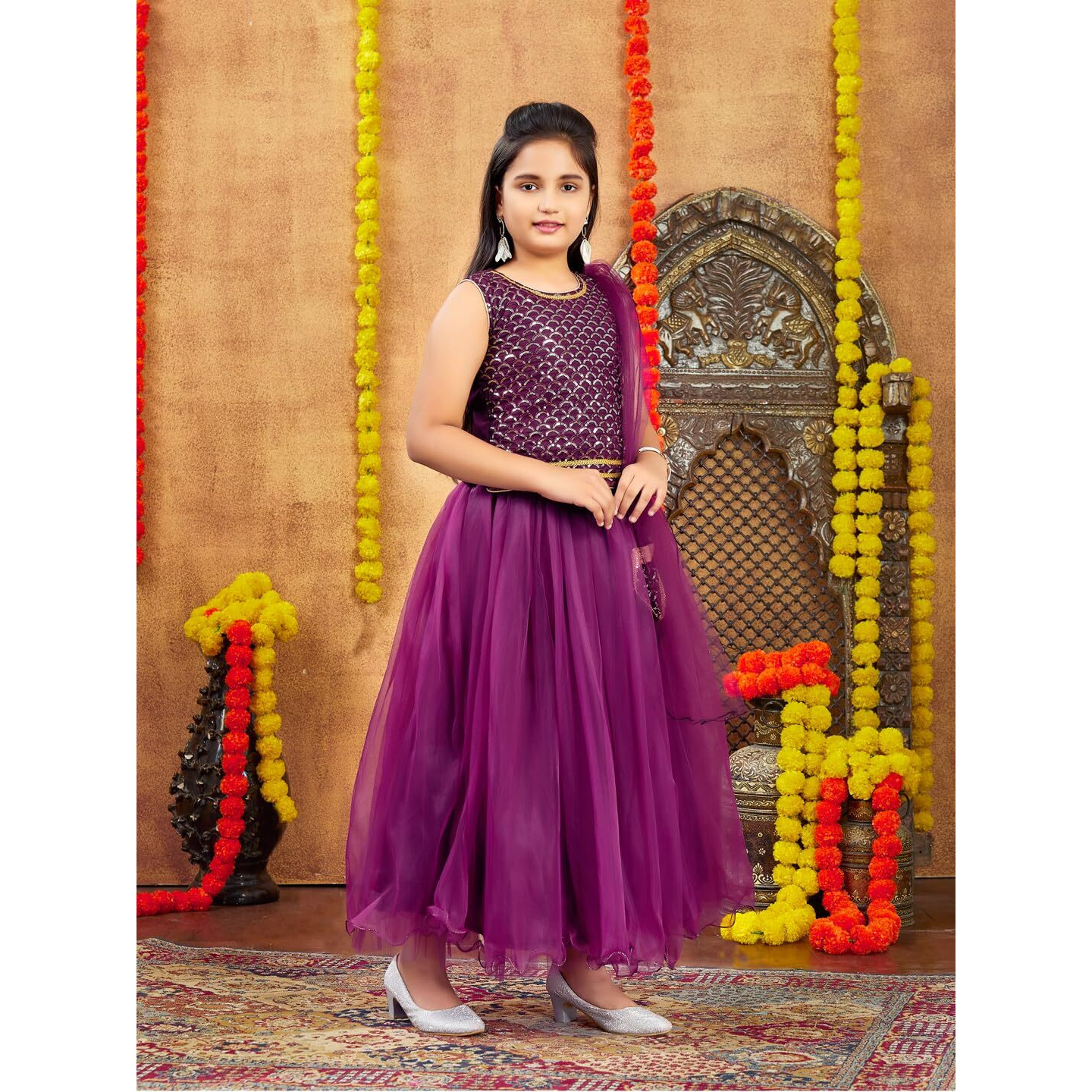 Aarika Girls Ethnic Wear Purple Colour Sequin Embroidery Georgette Lehenga Choli Set Attached Bag (4-10 Years)
