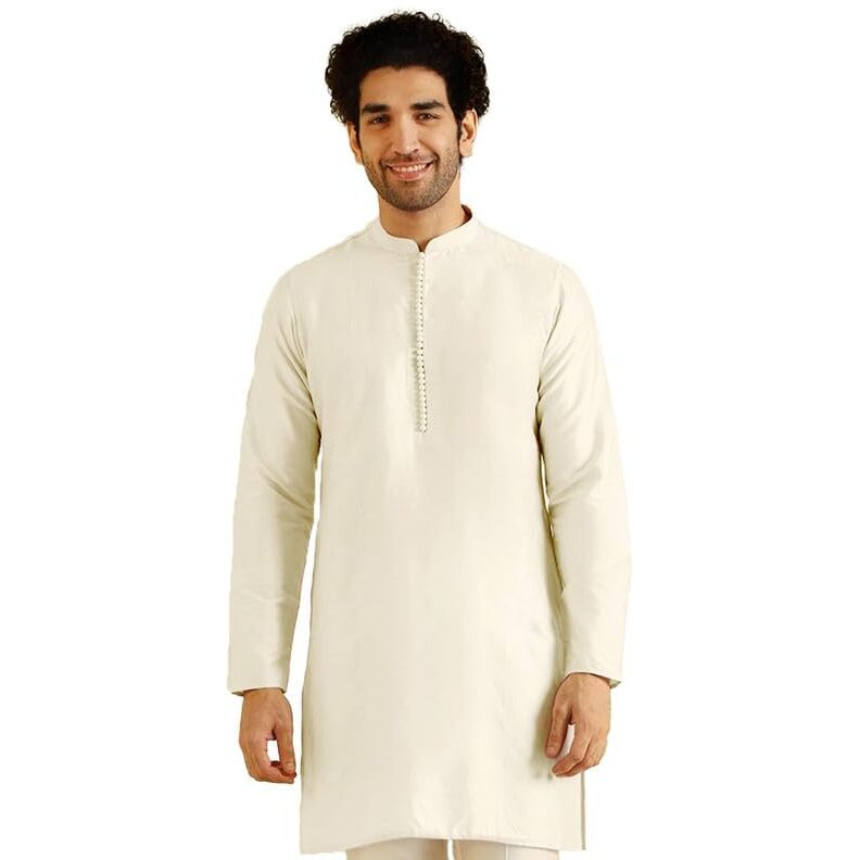 Kisah Men's Mid Kurta, Off White Cotton Blend, Solid Regular Fit Mandarin Collar Long Sleeves (42)