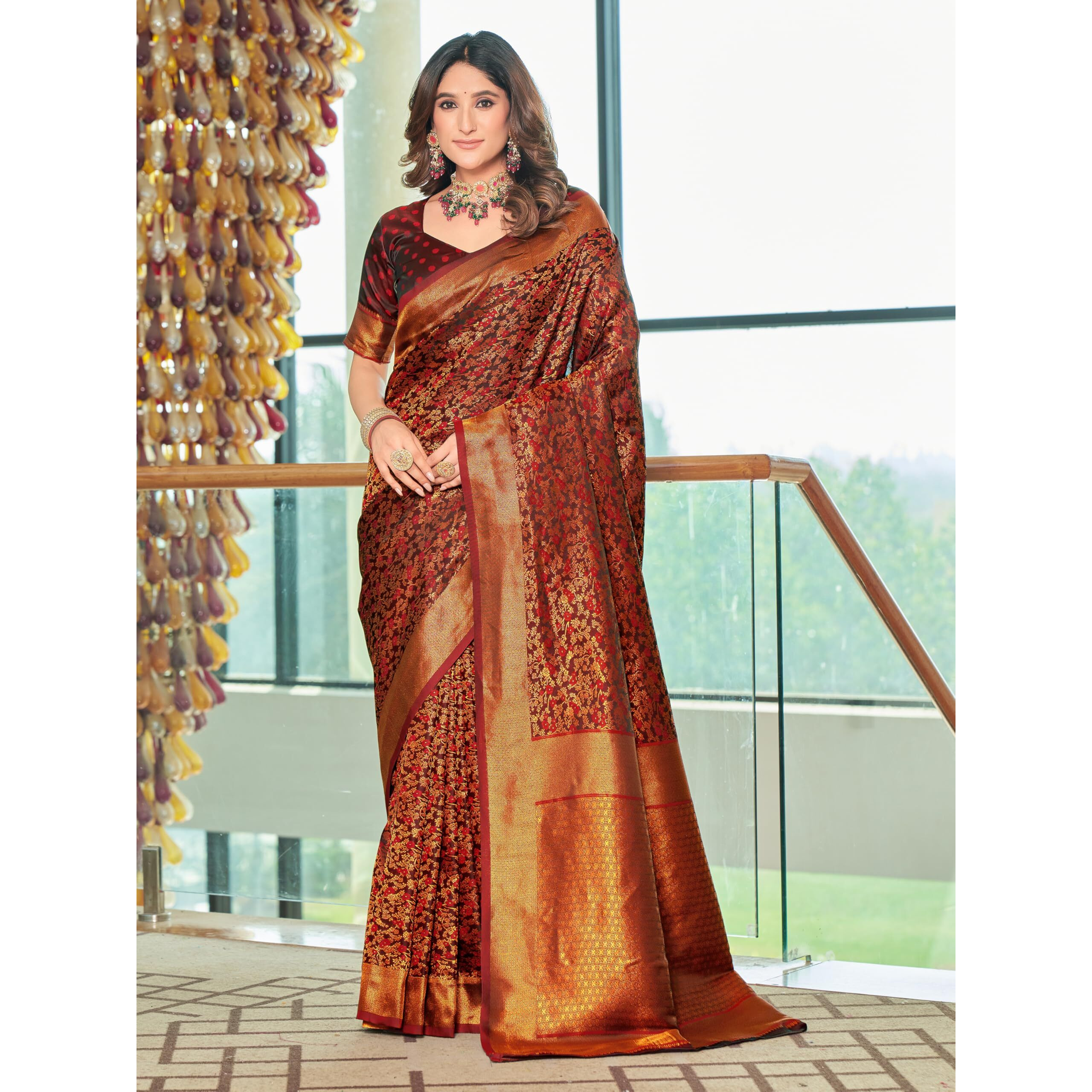 Glory Sarees Women's Pure Kanjivaram Soft Banarasi Original Satin Silk Saree Elegantly Crafted Graceful Wedding Design With Blouse Piece (Satin Silk103_Maroon)