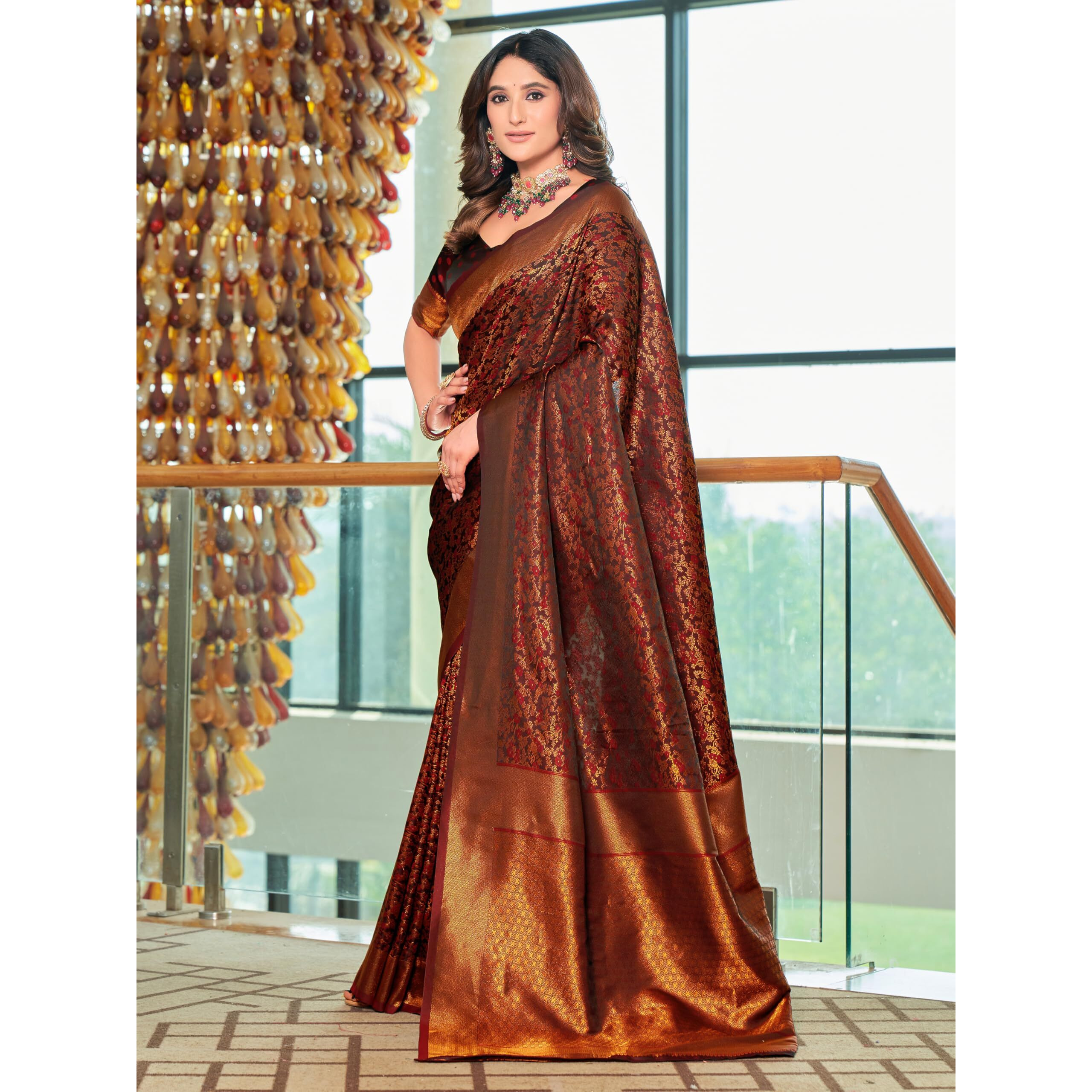 Glory Sarees Women's Pure Kanjivaram Soft Banarasi Original Satin Silk Saree Elegantly Crafted Graceful Wedding Design With Blouse Piece (Satin Silk103_Maroon)