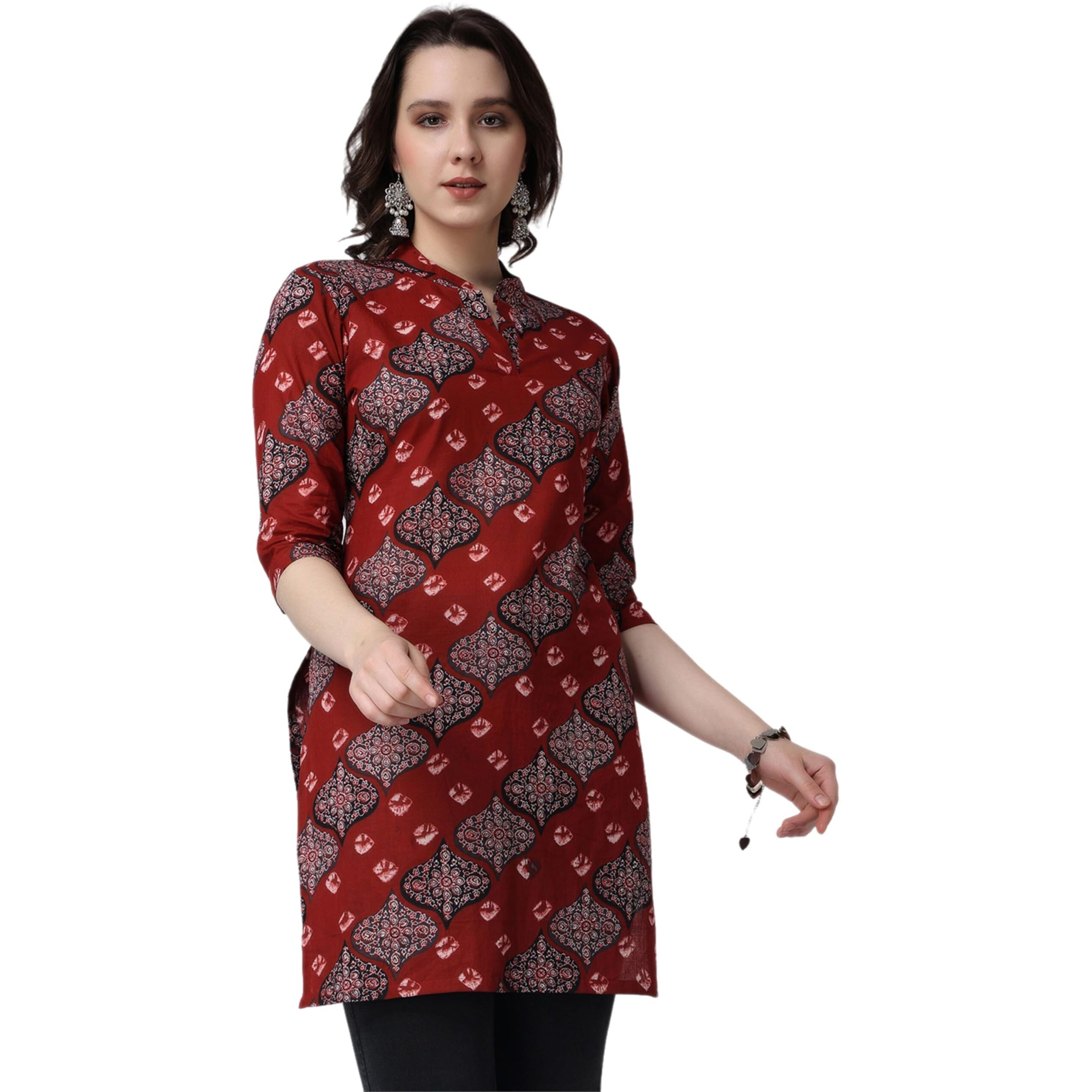Popwings Women Casual Pure Cotton Maroon Bandhani Printed Kurti | Short Kurti For Women | 3/4Th Sleeve Kurti For Women Kurti For Women