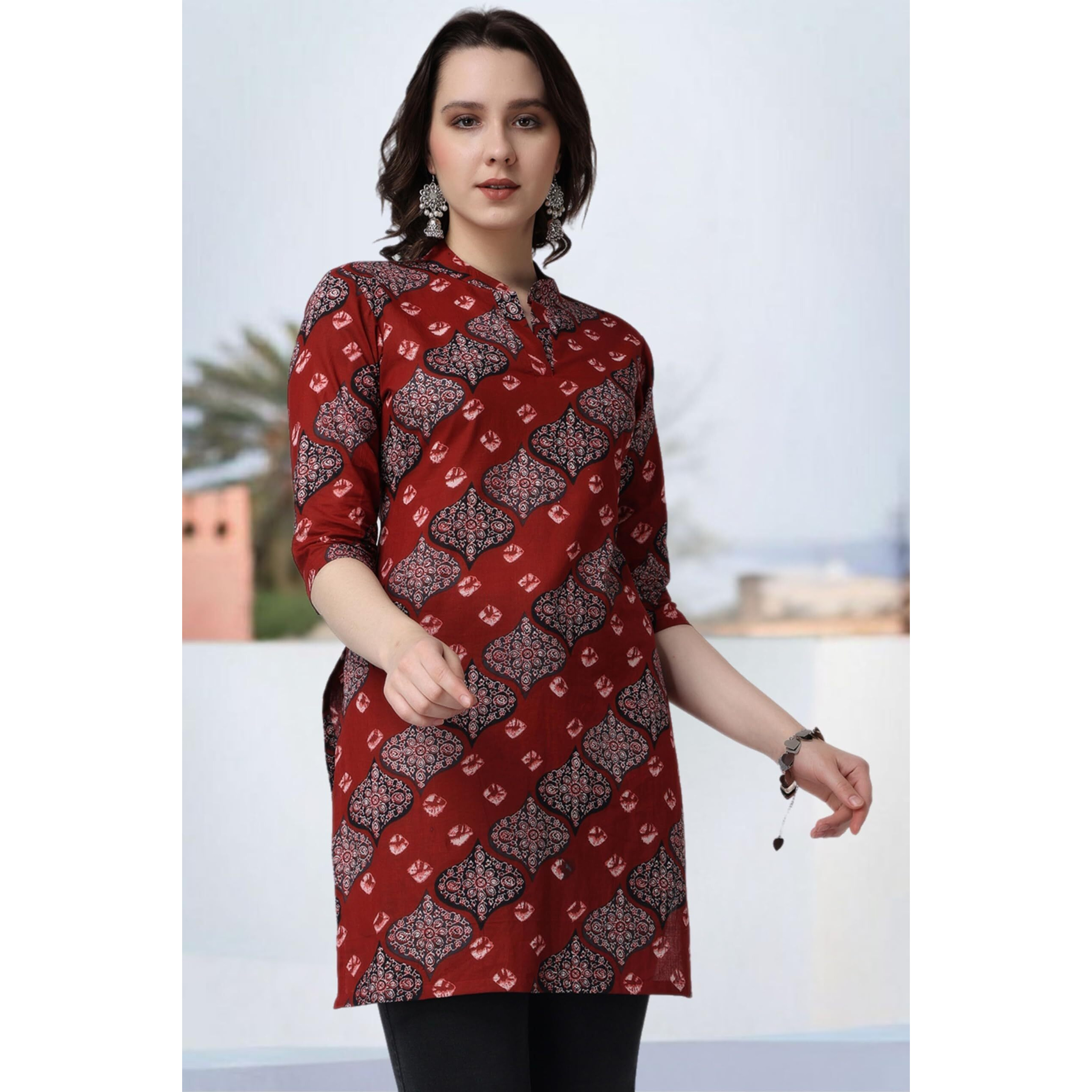 Popwings Women Casual Pure Cotton Maroon Bandhani Printed Kurti | Short Kurti For Women | 3/4Th Sleeve Kurti For Women Kurti For Women