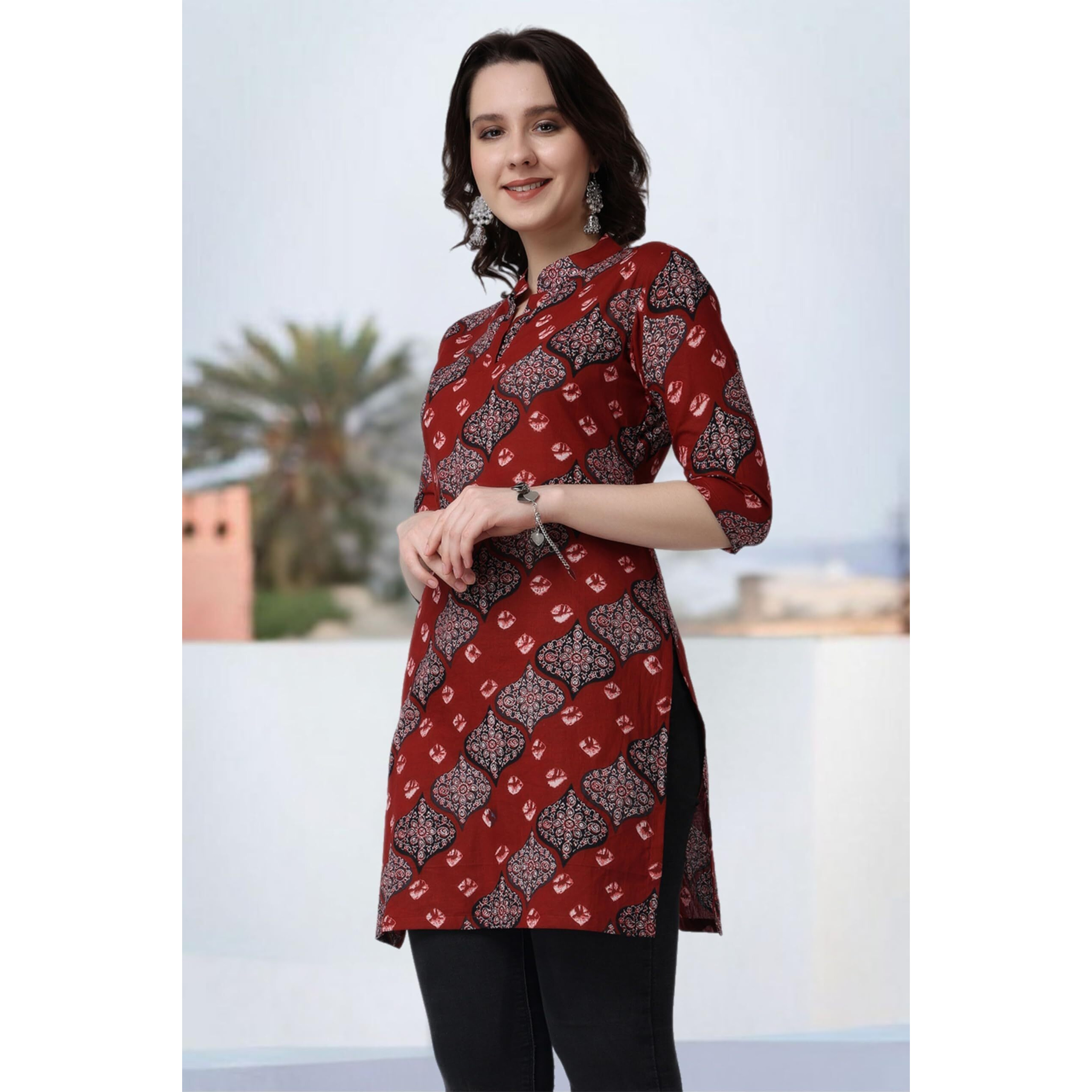 Popwings Women Casual Pure Cotton Maroon Bandhani Printed Kurti | Short Kurti For Women | 3/4Th Sleeve Kurti For Women Kurti For Women