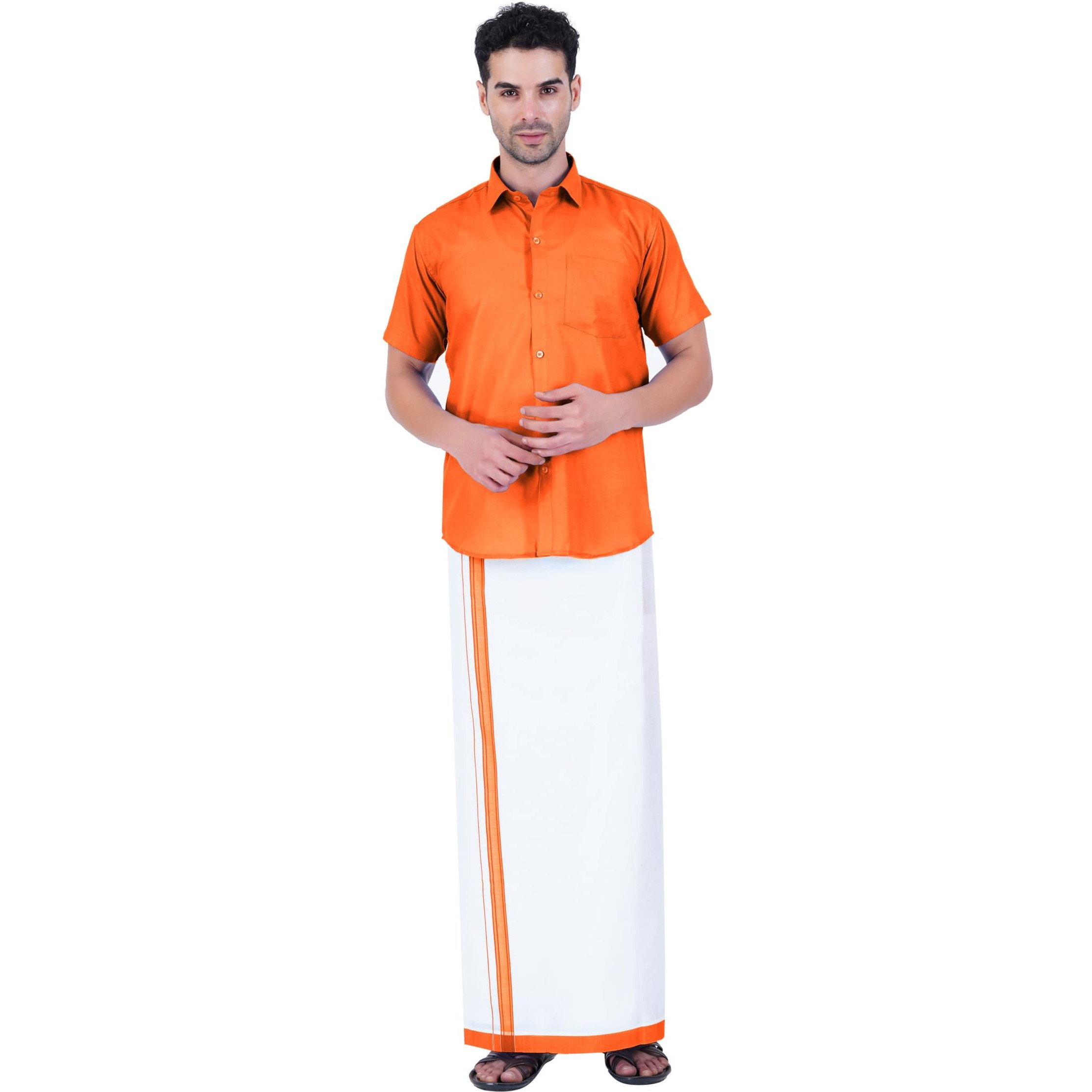 Prakasam Cotton Mens Cotton Plain Colour Shirt With Matching Border Cotton Blended White Single (1.28X2.00 Mtsr) Dhoti Set For Mens