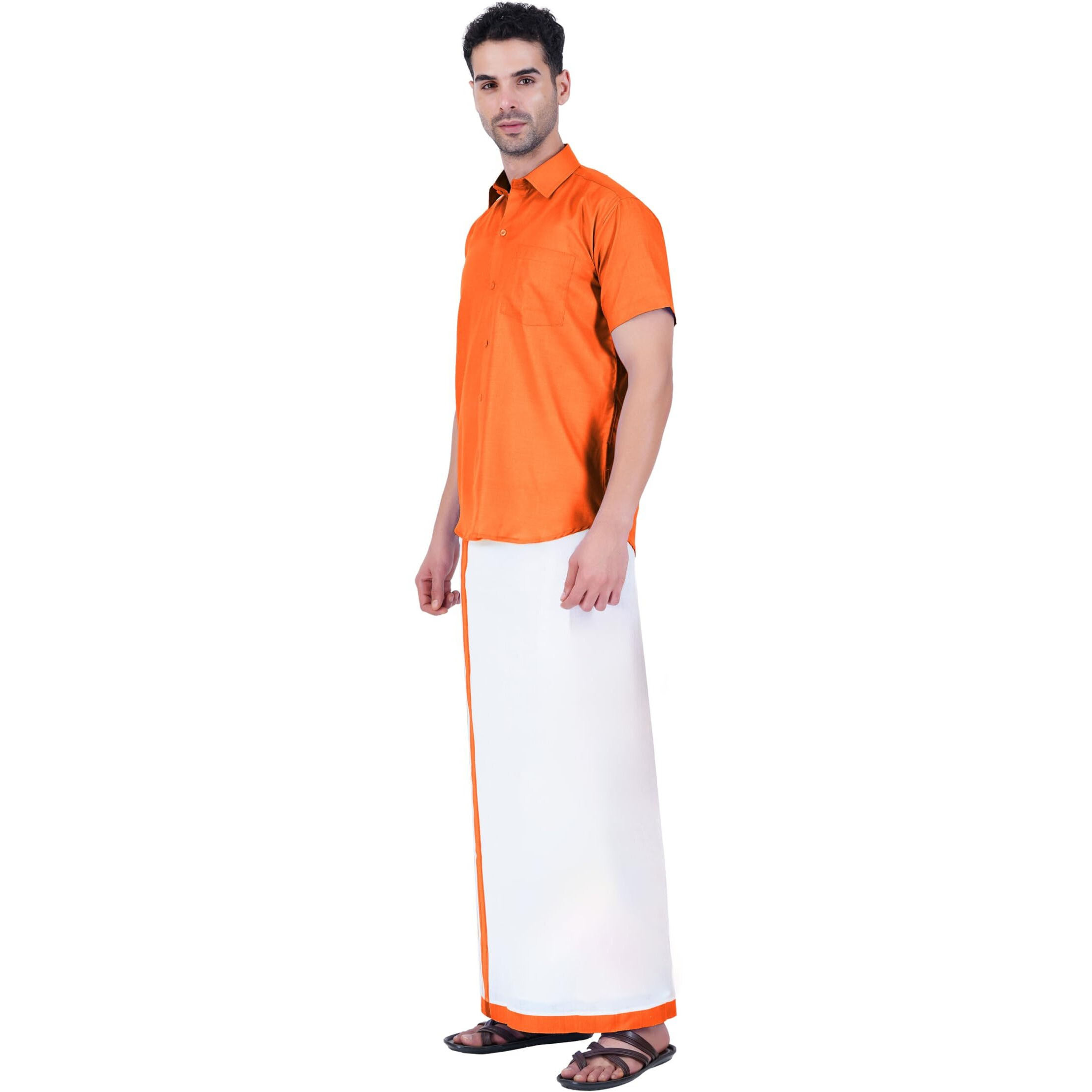 Prakasam Cotton Mens Cotton Plain Colour Shirt With Matching Border Cotton Blended White Single (1.28X2.00 Mtsr) Dhoti Set For Mens