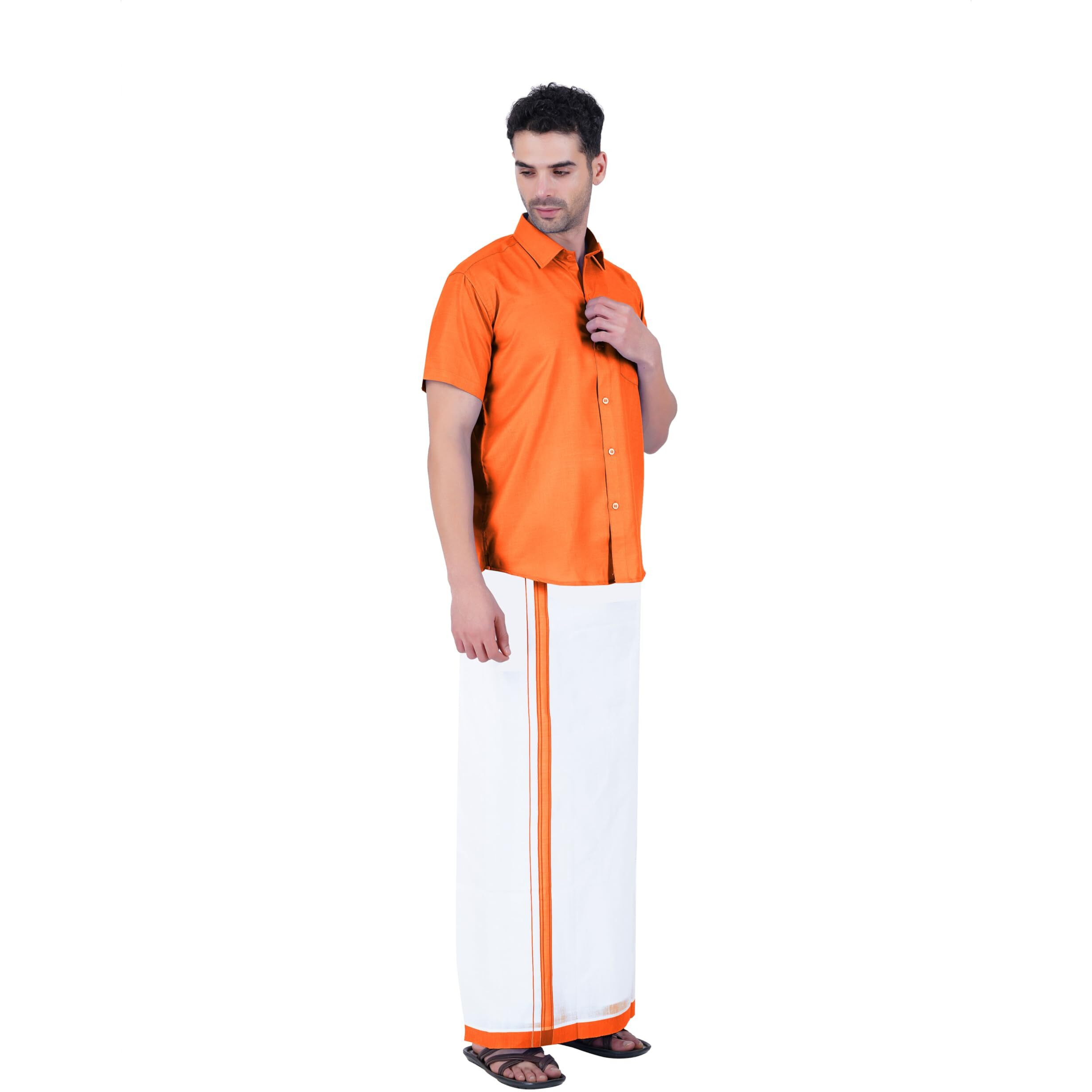 Prakasam Cotton Mens Cotton Plain Colour Shirt With Matching Border Cotton Blended White Single (1.28X2.00 Mtsr) Dhoti Set For Mens