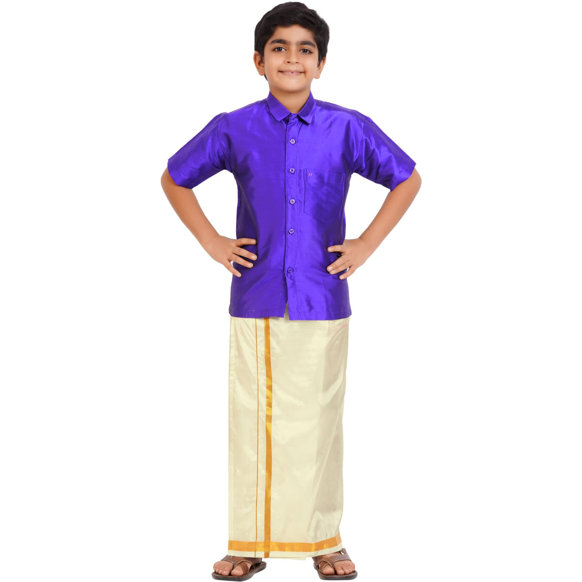 Prakasam Cotton- Art Silk Traditional Boys Dhoti Set, Shirt With Cream Dhoti, Gold Border, Short Sleeve (5-6 Years, Ink Blue)