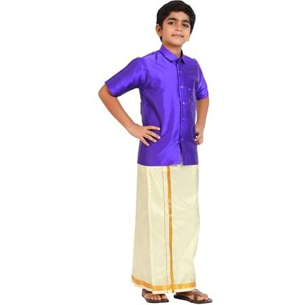 Prakasam Cotton- Art Silk Traditional Boys Dhoti Set, Shirt With Cream Dhoti, Gold Border, Short Sleeve (5-6 Years, Ink Blue)