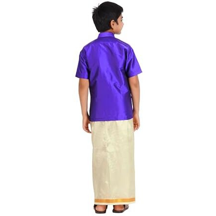 Prakasam Cotton- Art Silk Traditional Boys Dhoti Set, Shirt With Cream Dhoti, Gold Border, Short Sleeve (5-6 Years, Ink Blue)