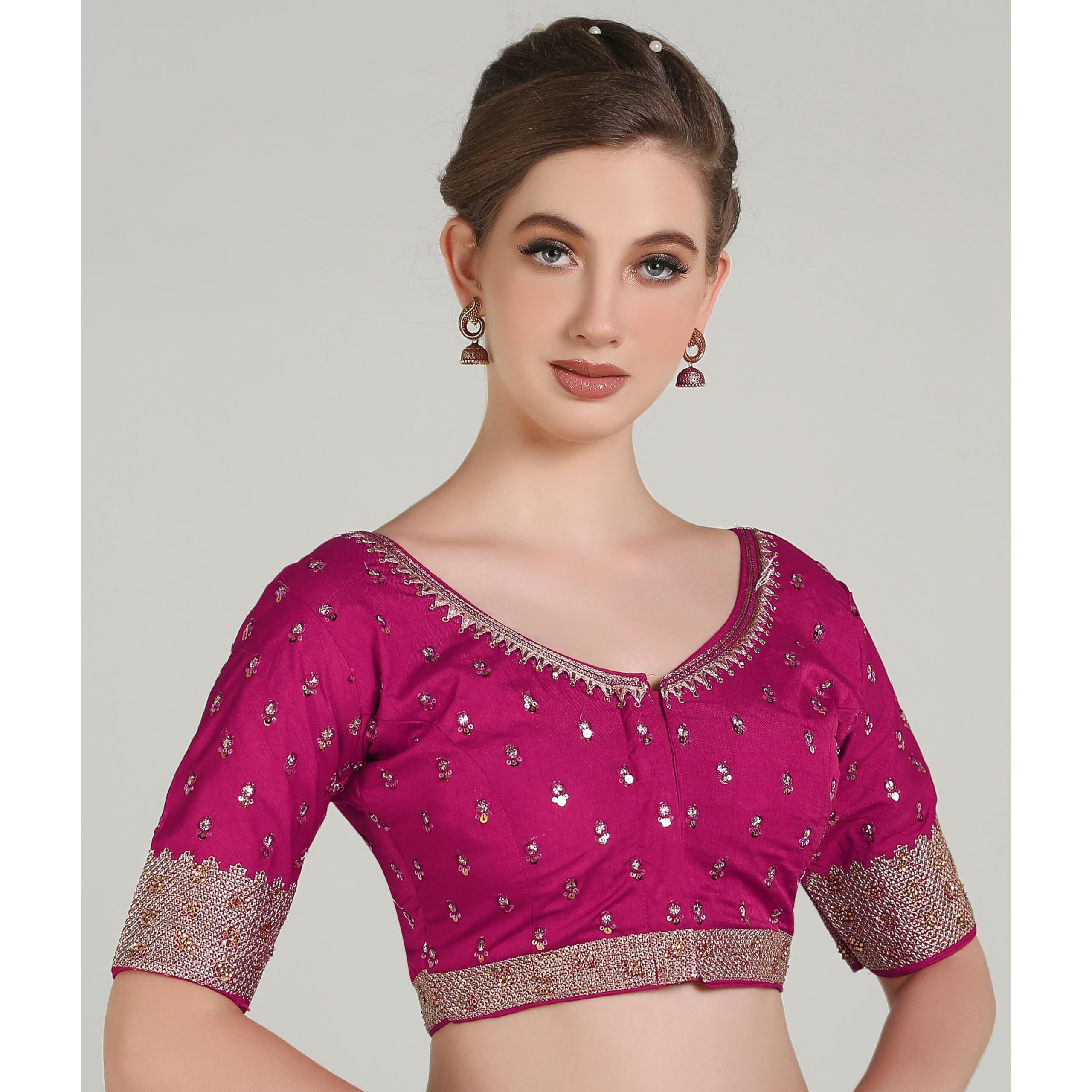 Pujia Mills Women Indian Ethnic Wear Designer Golden Codding With Zari Embroidered Diamond Work Round Neck Half Sleeve Readymade Aari Work Saree Blouse Bridal Readymade Blouse Pink Lehenga Choli