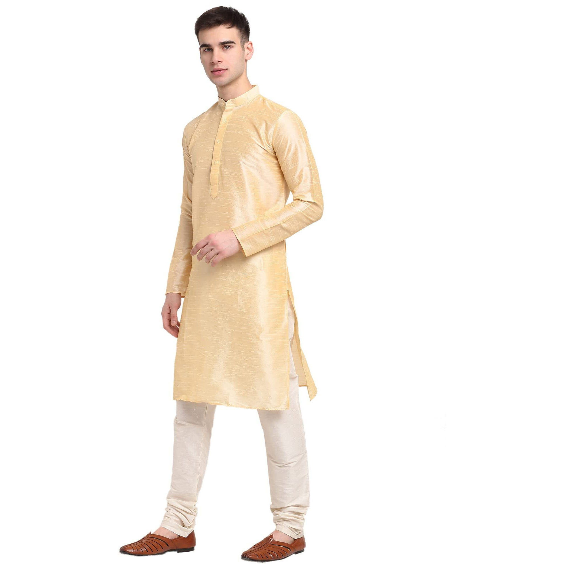 Jompers Men Golden & White Solid Kurta With Churidar (Golden, Xxl)