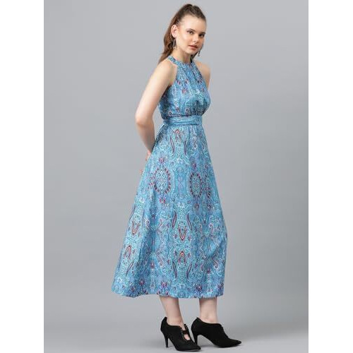 Kotty Women's Fit And Flare Light Blue, White, Red Dress(Multicoloured,L)