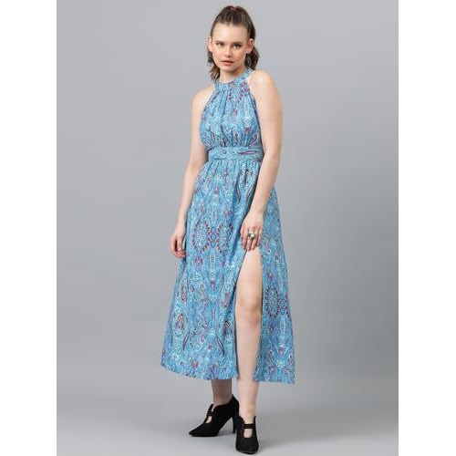 Kotty Women's Fit And Flare Light Blue, White, Red Dress(Multicoloured,L)