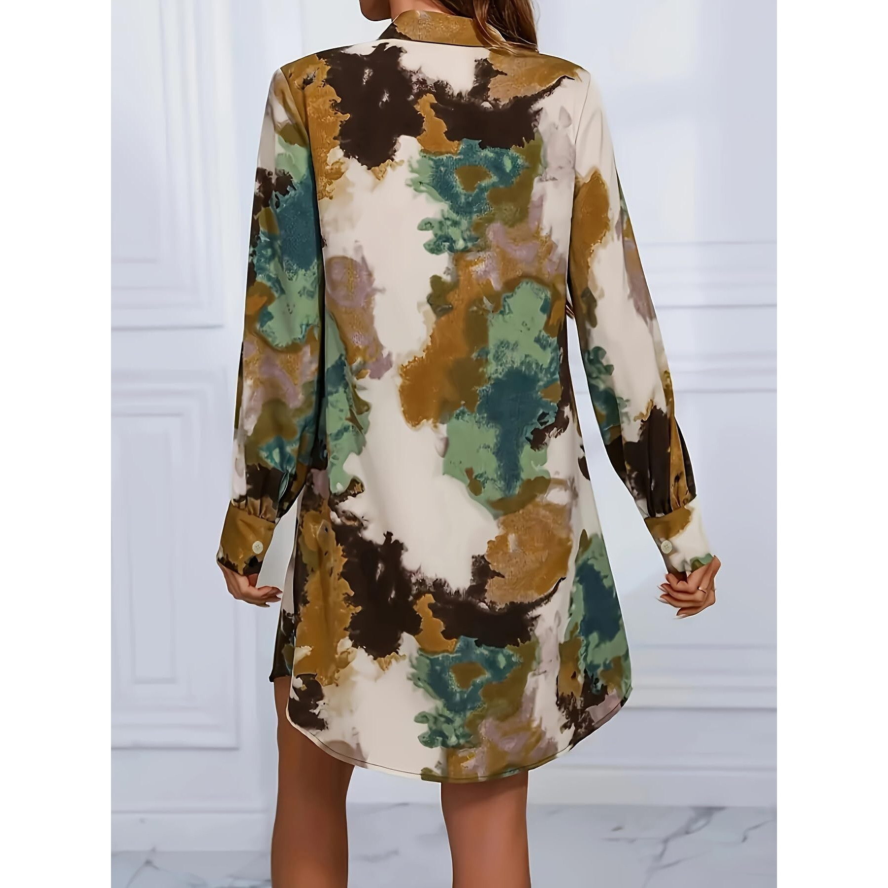 Shasmi Women's & Girl's Green And Brown Tie Dye Print Button Front Shirt Dress, Elegant Long Sleeve Dress For Spring & Fall, Womens Clothing Versatile For All Seasons (Shirt 201 Green Brown-Xl)