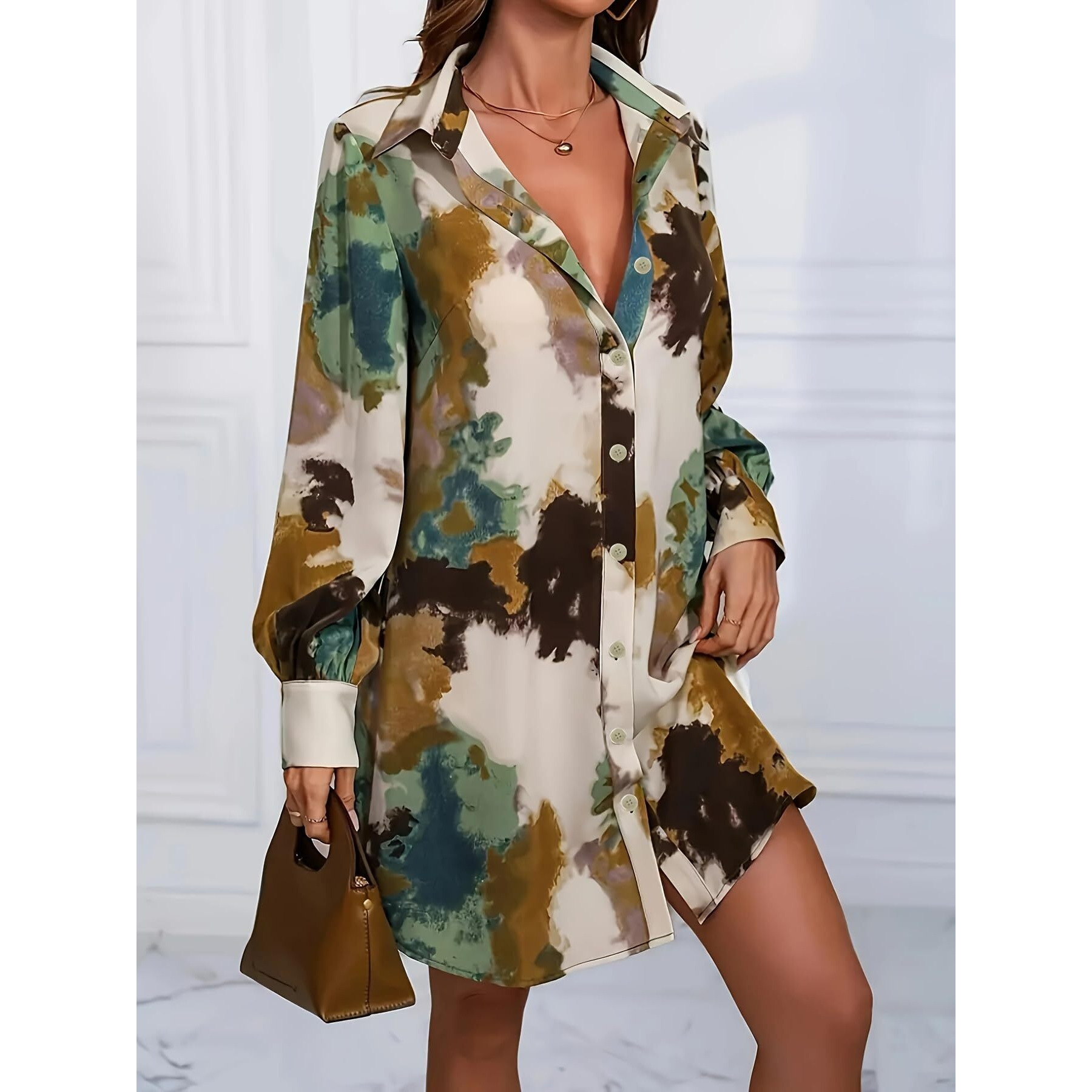 Shasmi Women's & Girl's Green And Brown Tie Dye Print Button Front Shirt Dress, Elegant Long Sleeve Dress For Spring & Fall, Womens Clothing Versatile For All Seasons (Shirt 201 Green Brown-Xl)