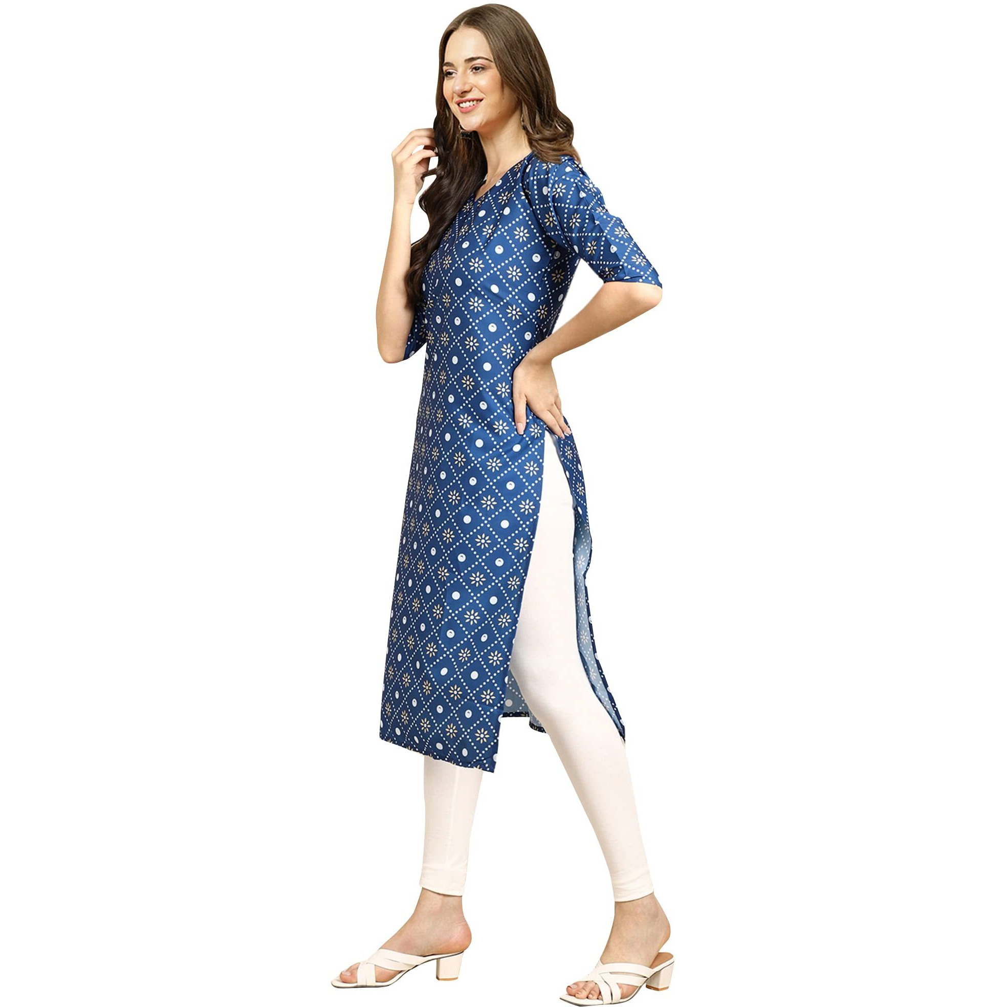 Pinkmint Women's Crepe Blue Color Ethnic Motif Printed Straight Kurti (530353-Xxl)