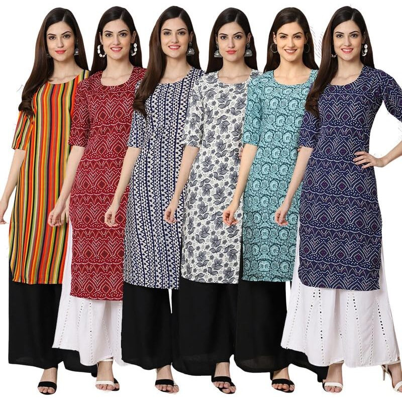 Pinkmint Straight Vibrant Colour Crepe Kurti's For Women's Ll Fashion Fusion Kurti Ll Summer Kurti (Pack Of 6)