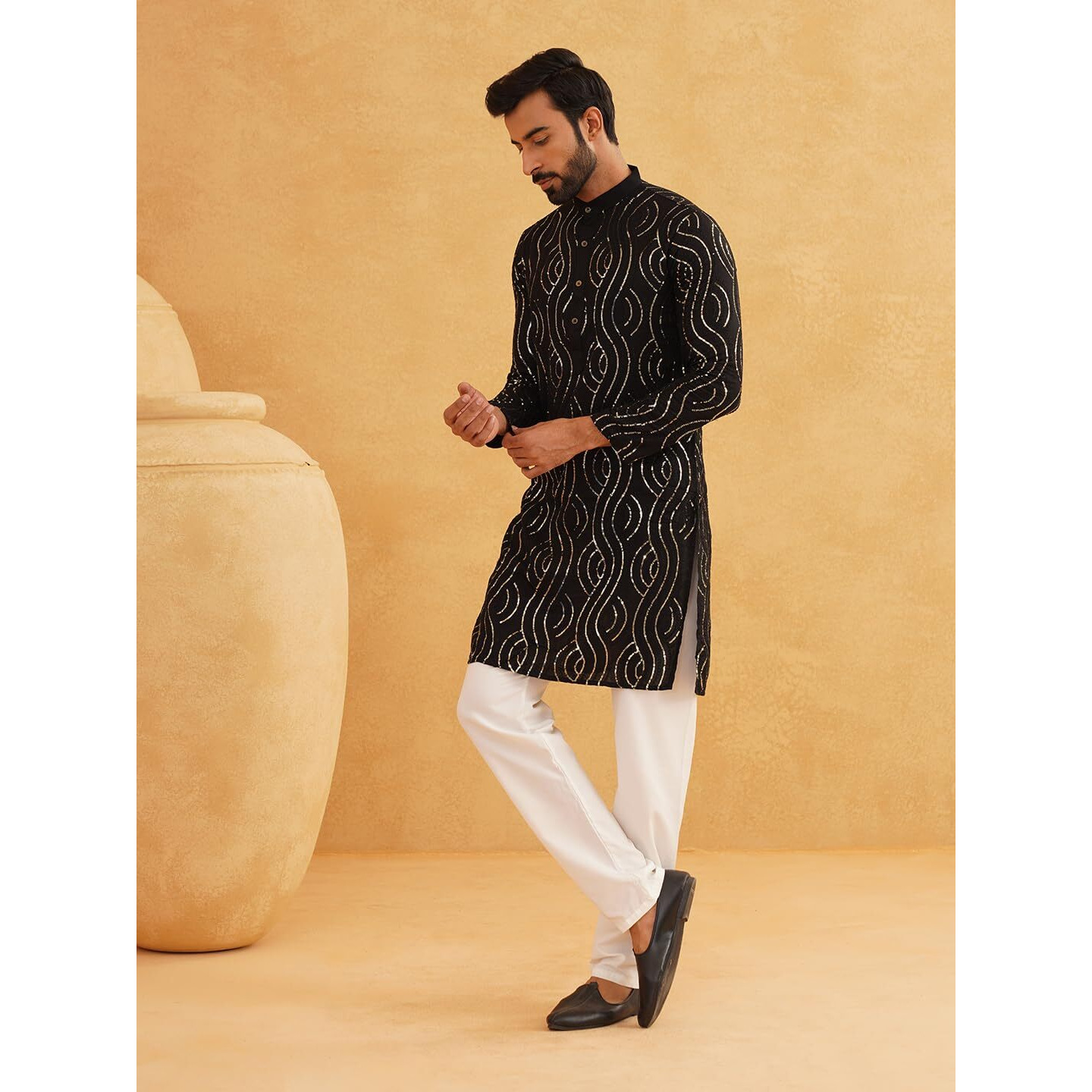 Sojanya (Since 1958 Men's Embroidered Sequinned Cotton Black Long Kurta