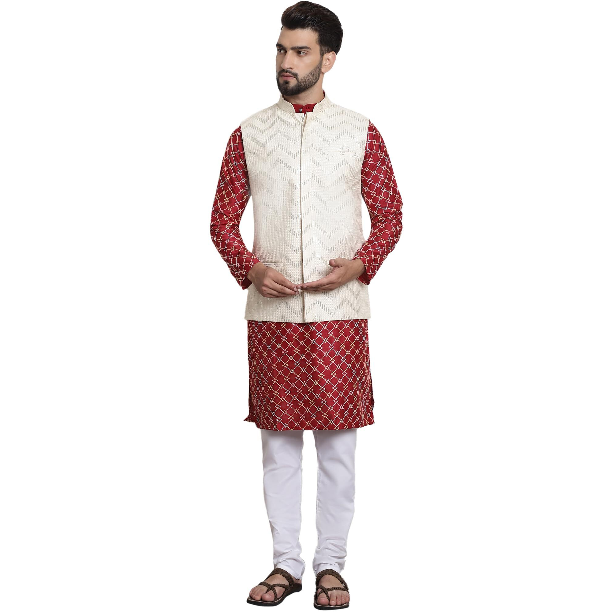 Sojanya (Since 1958 Men's Silk Blend Maroon Kurta And Off-White Pyjama With Cream Nehrujacket