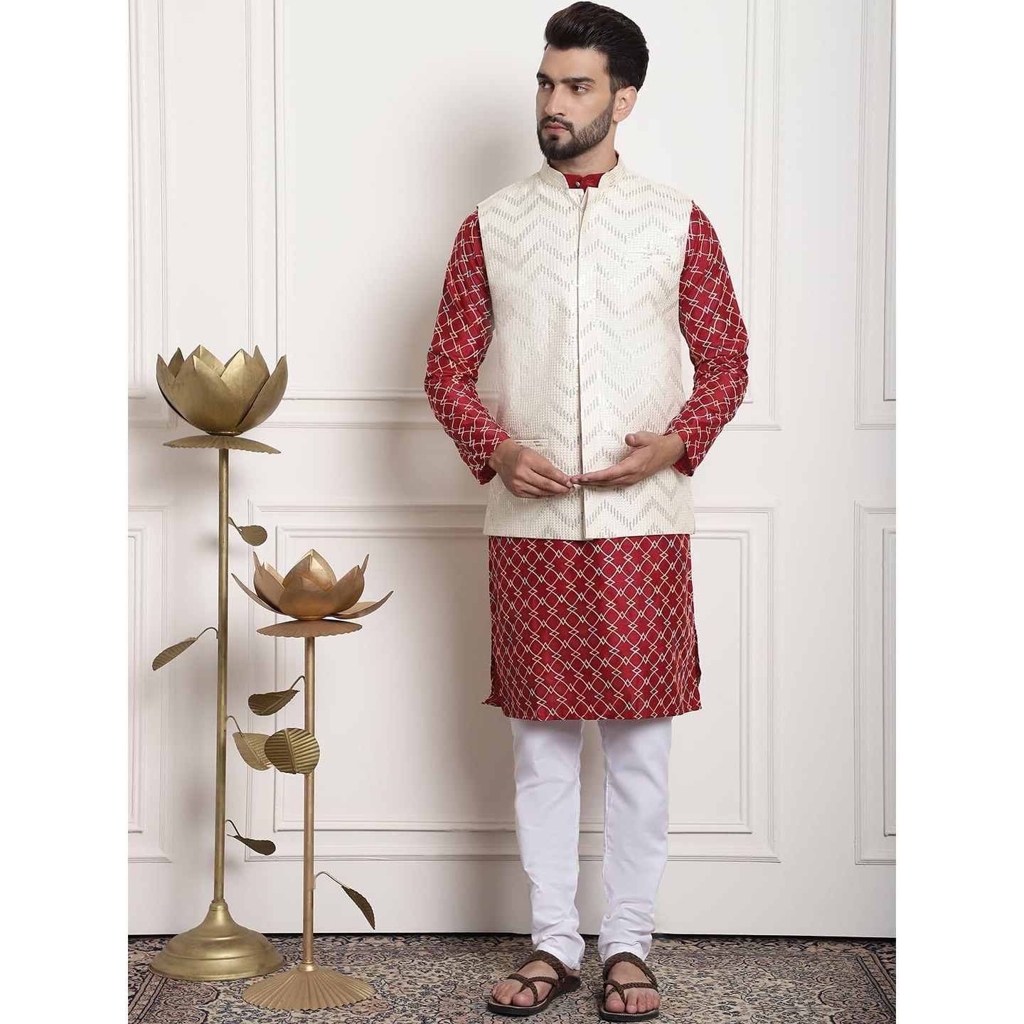 Sojanya (Since 1958 Men's Silk Blend Maroon Kurta And Off-White Pyjama With Cream Nehrujacket