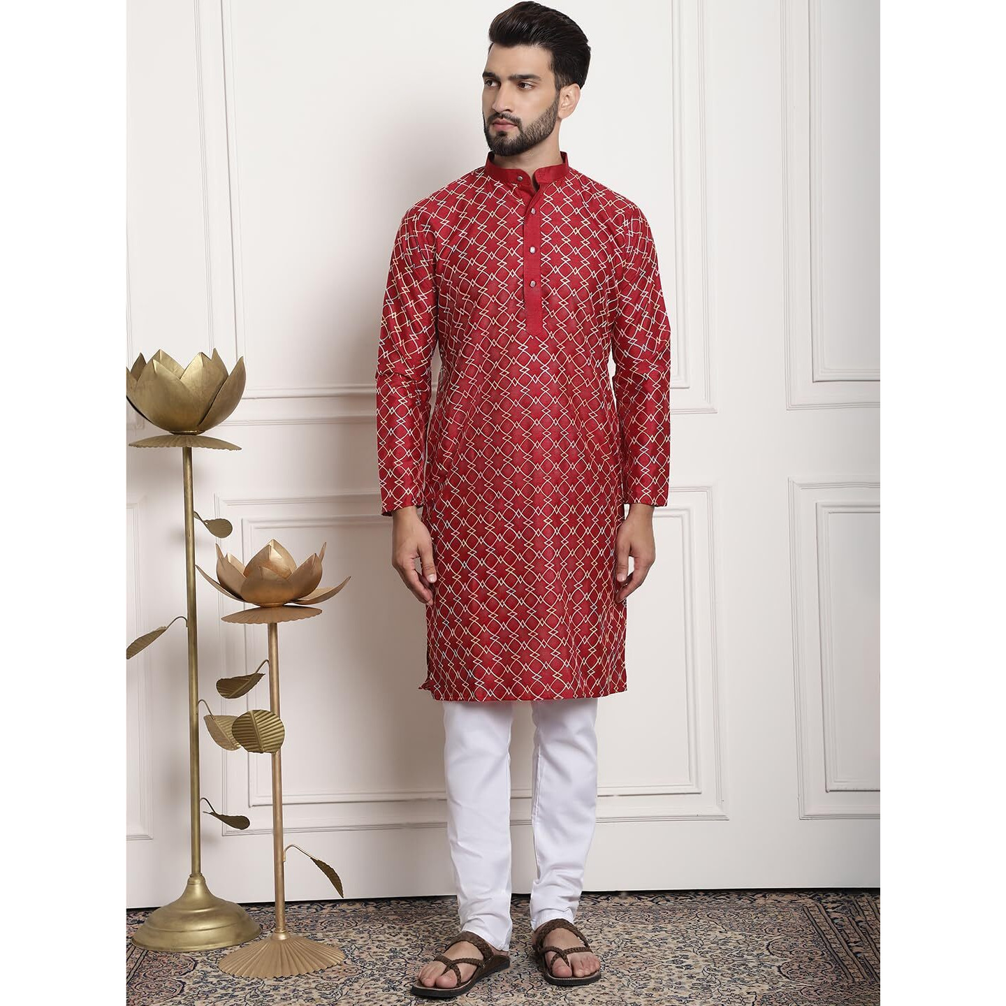 Sojanya (Since 1958 Men's Silk Blend Maroon Kurta And Off-White Pyjama With Cream Nehrujacket