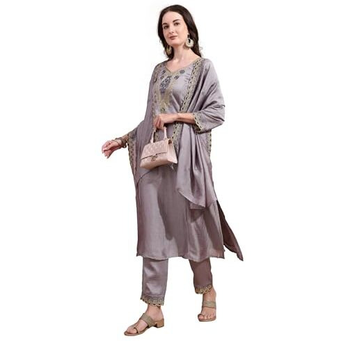 Pratham Blue Women's Silk Embroidered Straight Kurta Palazzos With Dupatta |Kurta Set For Women |Women Kurta |Women Embroidered Kurta Sets Kurtis (Bkp-1037-M_Grey Color)