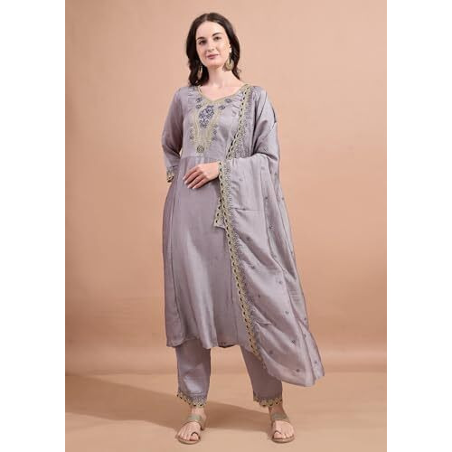 Pratham Blue Women's Silk Embroidered Straight Kurta Palazzos With Dupatta |Kurta Set For Women |Women Kurta |Women Embroidered Kurta Sets Kurtis (Bkp-1037-M_Grey Color)