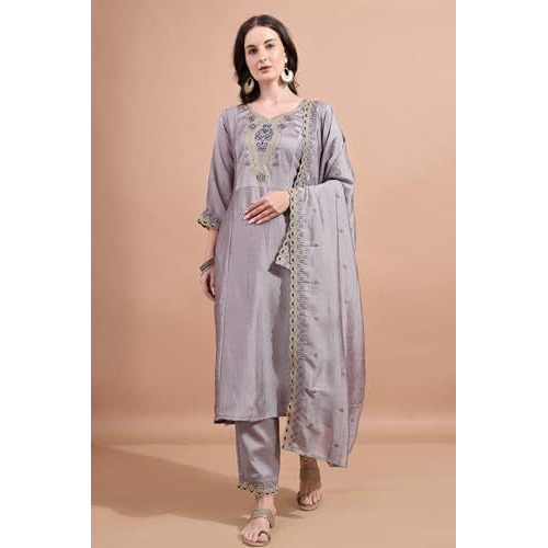 Pratham Blue Women's Silk Embroidered Straight Kurta Palazzos With Dupatta |Kurta Set For Women |Women Kurta |Women Embroidered Kurta Sets Kurtis (Bkp-1037-M_Grey Color)