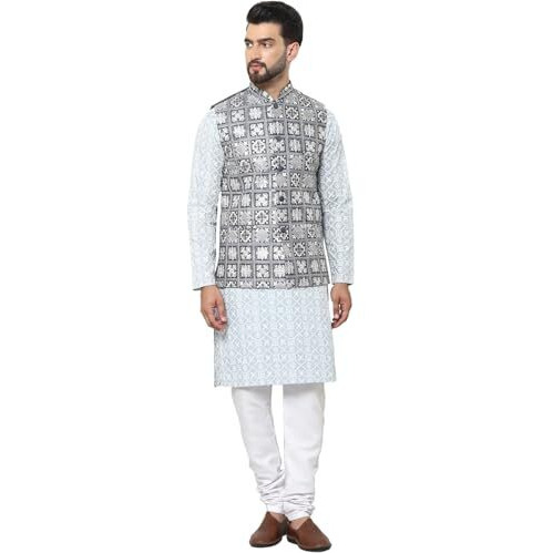 Sojanya (Since 1958 Men's Cotton Embroidered Grey Kurta And White Pyjama With Embroidered Grey Nehru Jacket