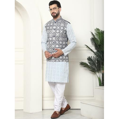 Sojanya (Since 1958 Men's Cotton Embroidered Grey Kurta And White Pyjama With Embroidered Grey Nehru Jacket