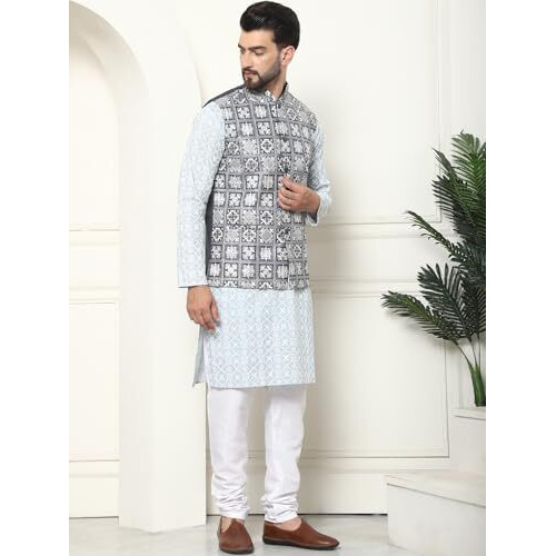 Sojanya (Since 1958 Men's Cotton Embroidered Grey Kurta And White Pyjama With Embroidered Grey Nehru Jacket
