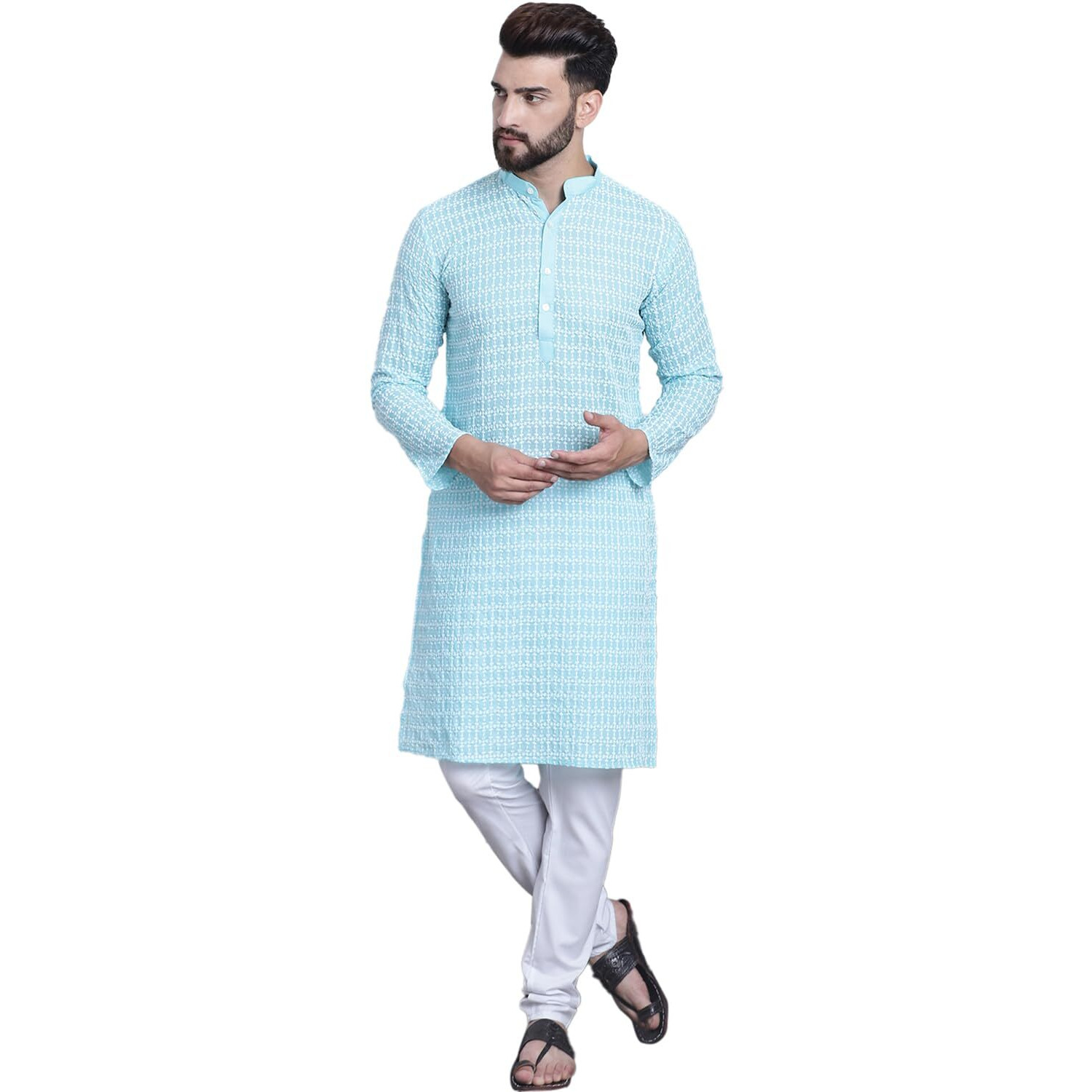 Sojanya (Since 1958 Men's Pure Cotton Blue Kurta With White Embroidery And White Pyjama Set