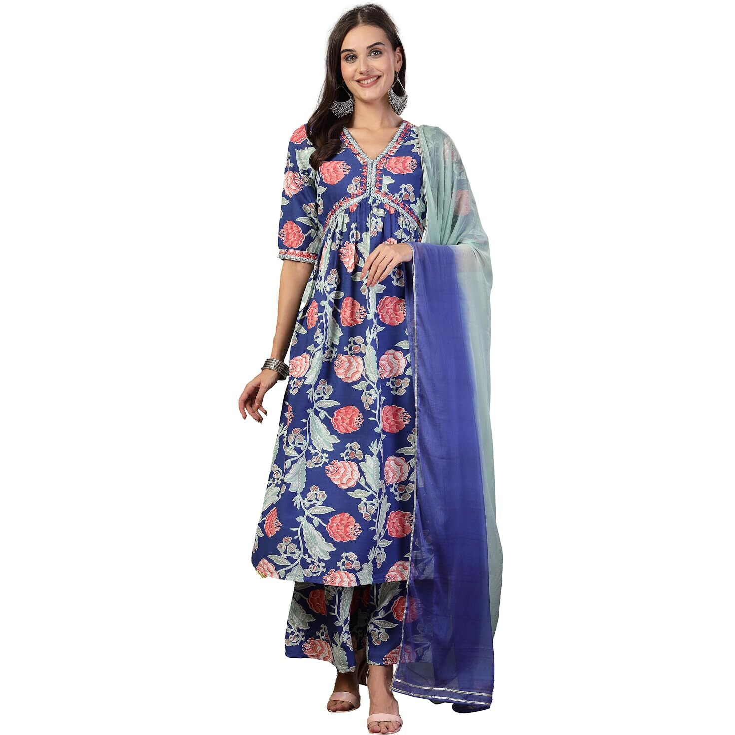 Stylum Women's Floral Printed & Embroidered Rayon Alia Cut Kurta Pant Dupatta Set (Kpdbluetaco42_Blue, Xl)