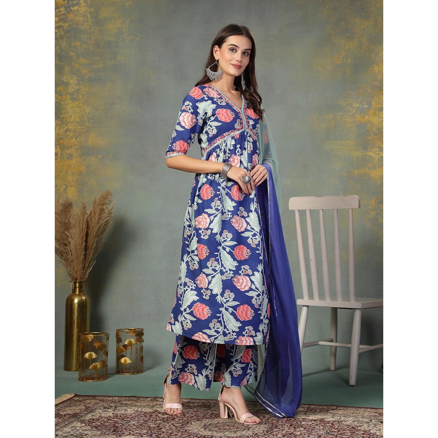 Stylum Women's Floral Printed & Embroidered Rayon Alia Cut Kurta Pant Dupatta Set (Kpdbluetaco42_Blue, Xl)