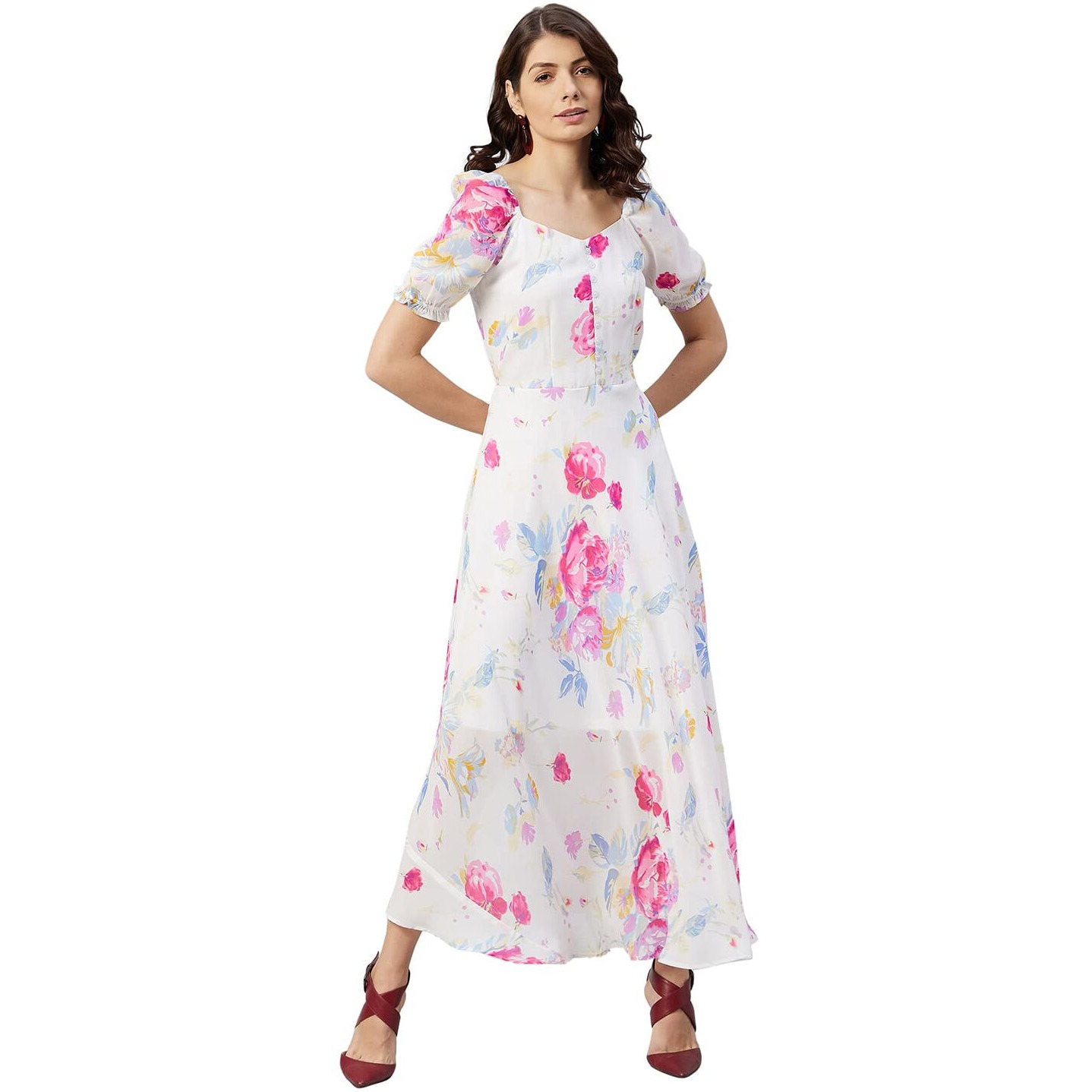 Rare Women's Polyester Fit And Flare Maxi Dress (Ep6218Ent_White