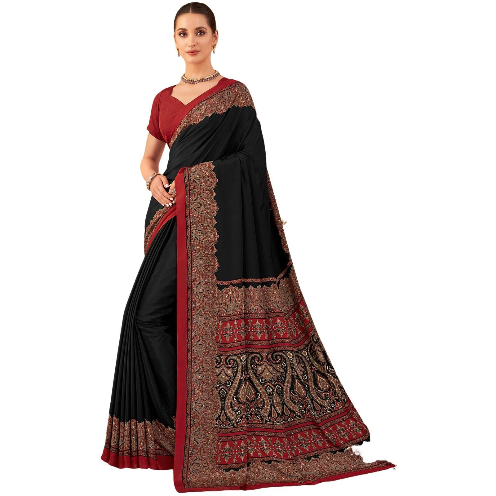 Satrani Women's Silk Crepe Printed Saree With Unstitched Blouse Piece (4201S3304N_Black & Red)