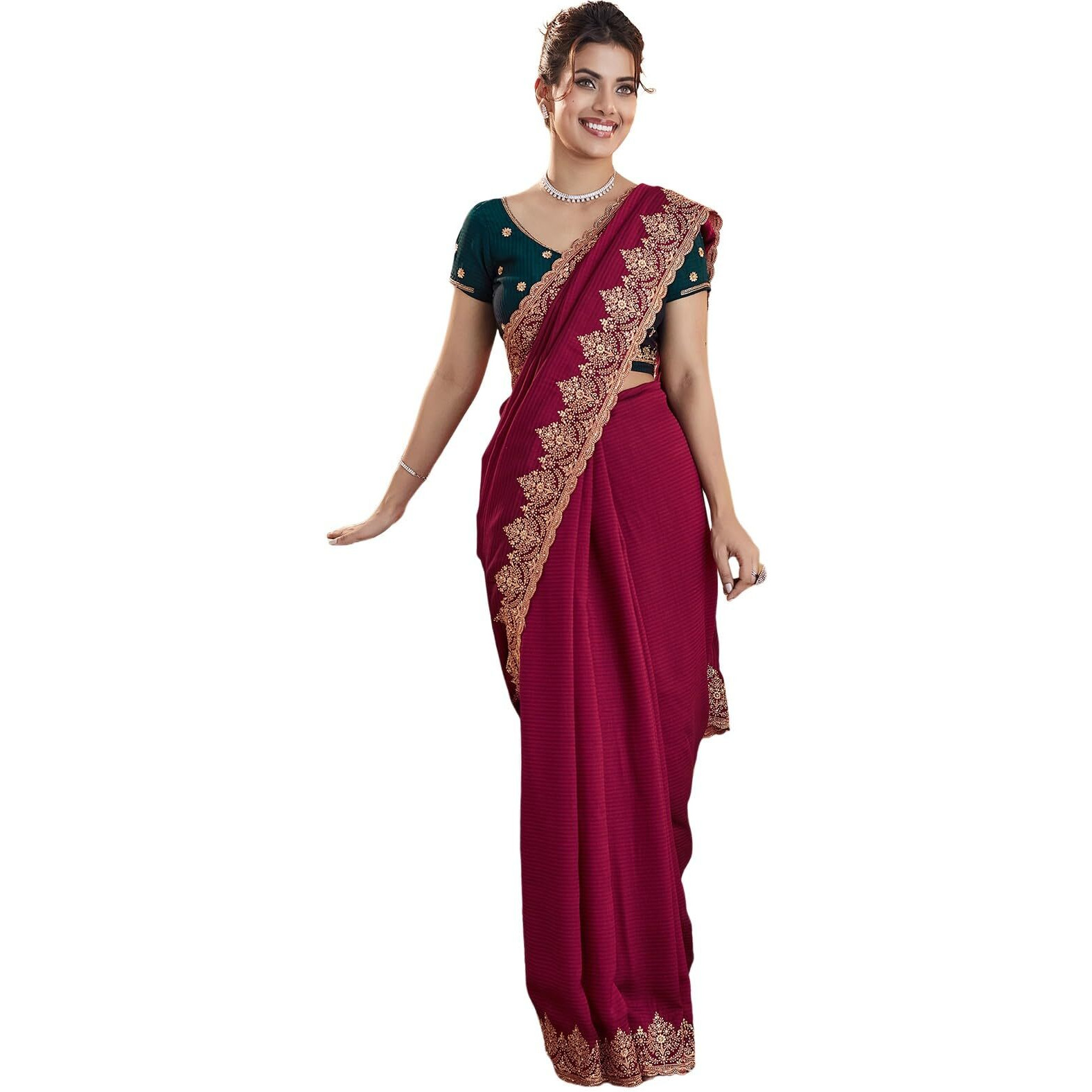 Satrani Women's Silk Blend Embroidery Stone Work Saree With Unstitched Blouse Piece (4023S627N_Dark Red)