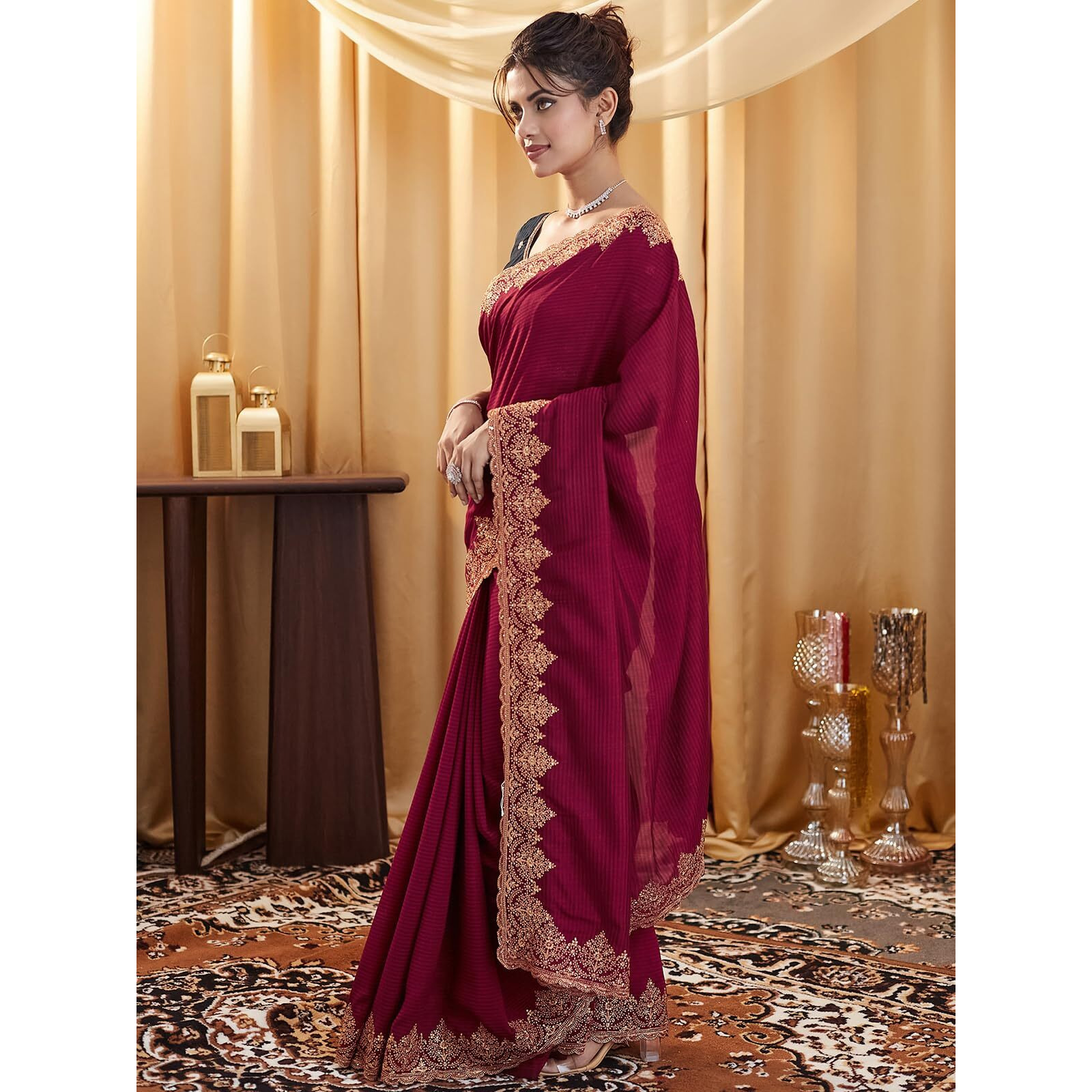 Satrani Women's Silk Blend Embroidery Stone Work Saree With Unstitched Blouse Piece (4023S627N_Dark Red)