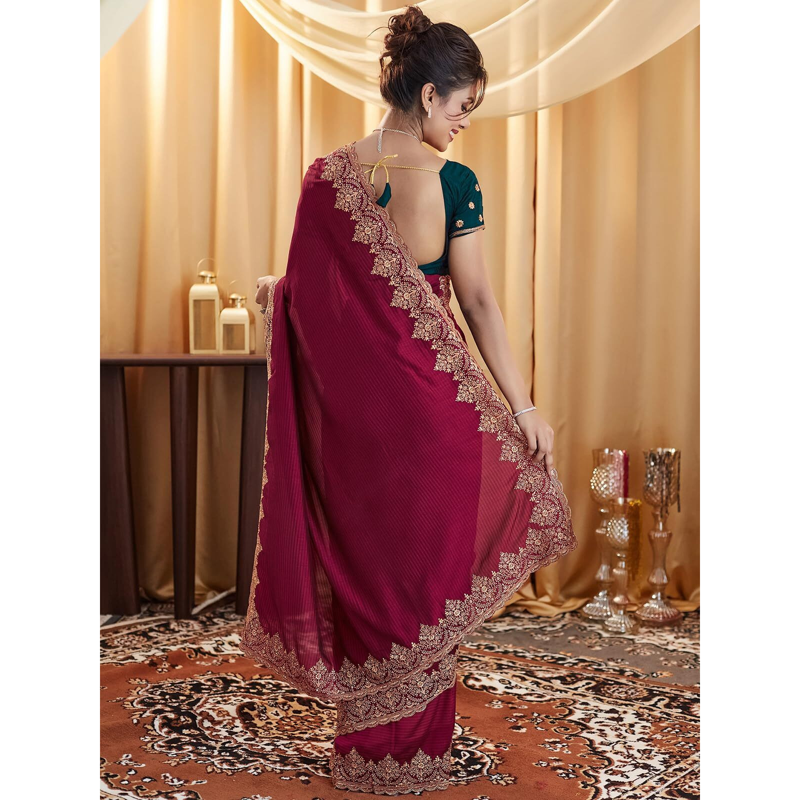 Satrani Women's Silk Blend Embroidery Stone Work Saree With Unstitched Blouse Piece (4023S627N_Dark Red)
