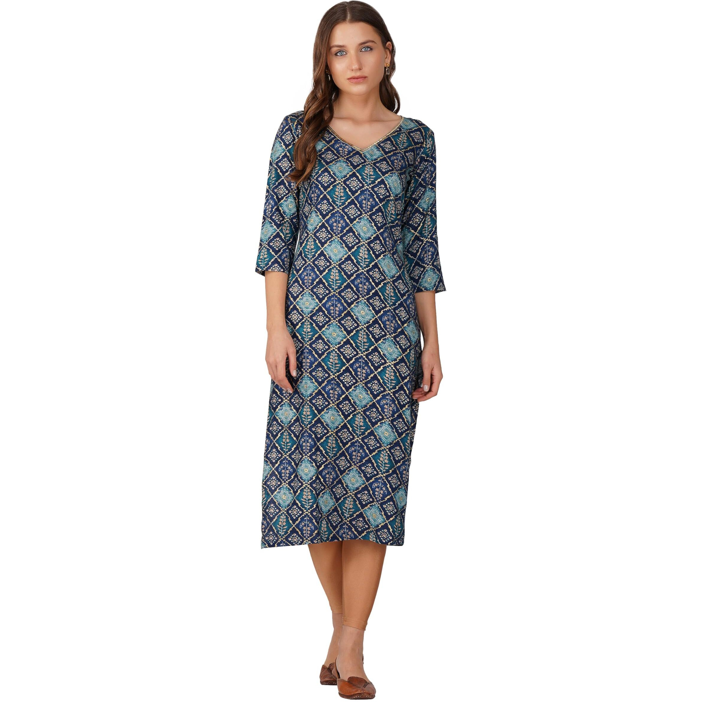 Rytras Women's Foil Printed Straight Kurta(Blue,L)