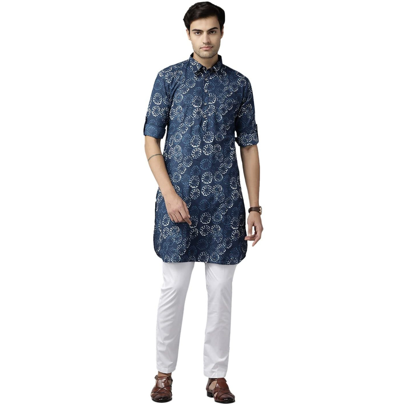 See Designs Men's Indigo Regular Pure Cotton Pathani Printed Men's Kurta - Sdpkt_1155M