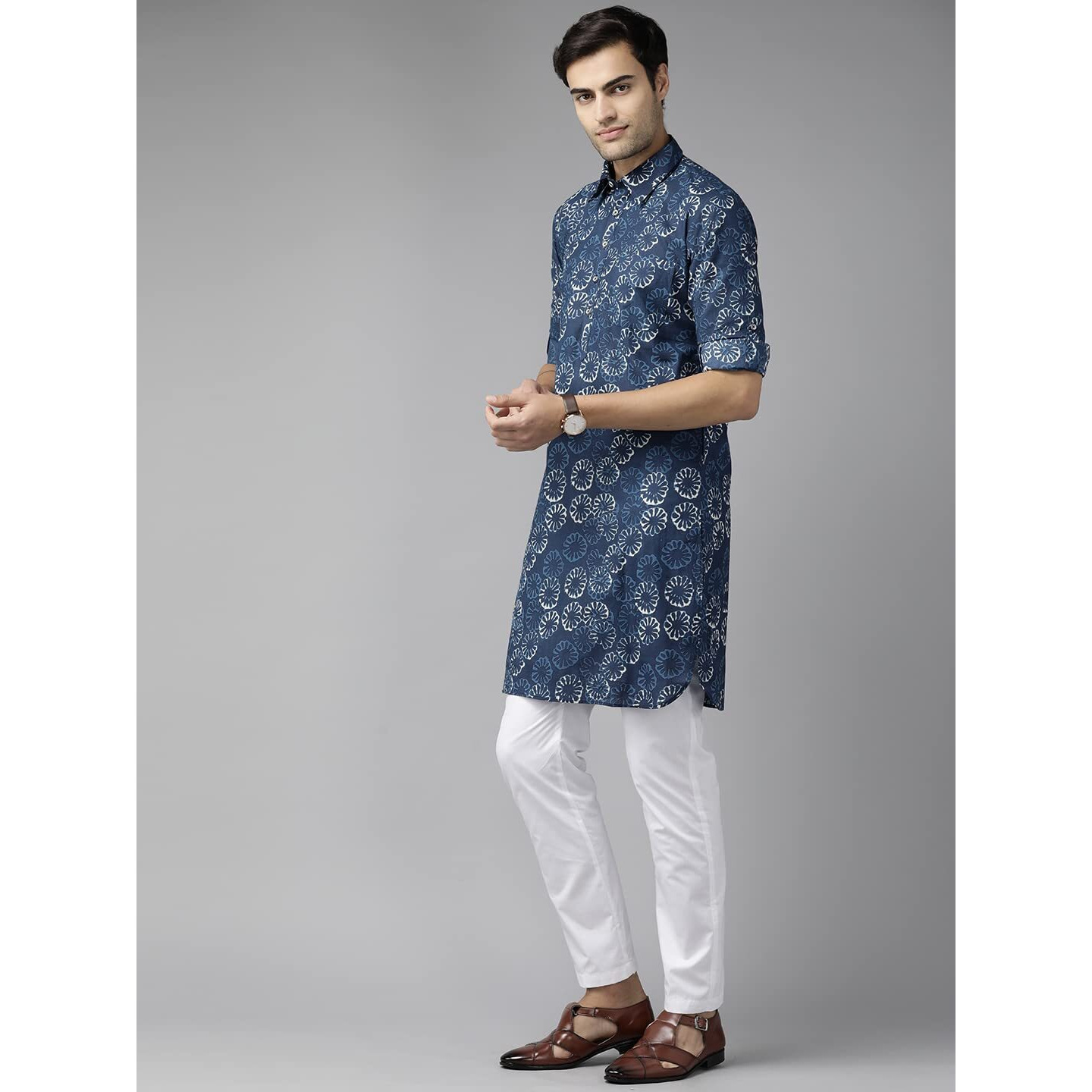 See Designs Men's Indigo Regular Pure Cotton Pathani Printed Men's Kurta - Sdpkt_1155M