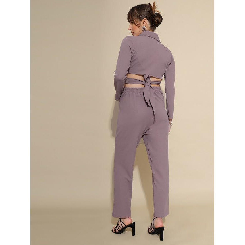 Selvia Women's Co-Ords Set|Full Sleeve Lycra Collared Neck Co-Ords Set|Wrap Top & Trouser Co-Ords Set|2 Piece Co-Ord Set|Formal Co-Ords Set(618Ctk7707N-M_Mauve)