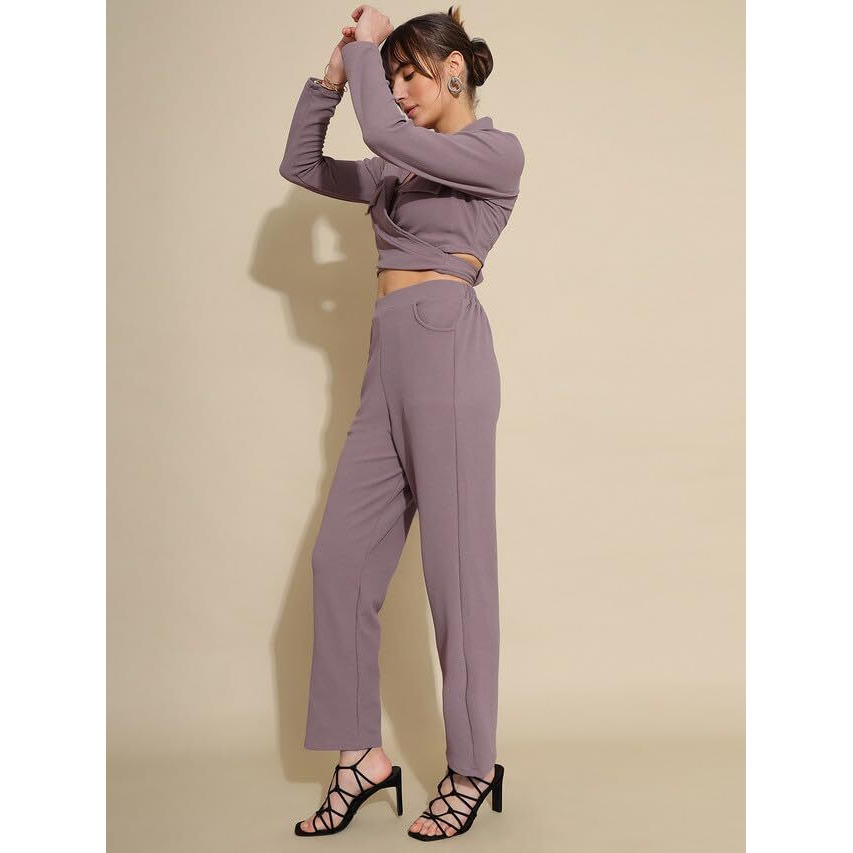 Selvia Women's Co-Ords Set|Full Sleeve Lycra Collared Neck Co-Ords Set|Wrap Top & Trouser Co-Ords Set|2 Piece Co-Ord Set|Formal Co-Ords Set(618Ctk7707N-M_Mauve)