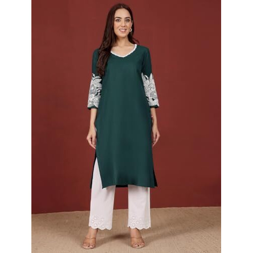 Varanga Women Thread Work Grandeur & Majestic Artwork Kurta Green