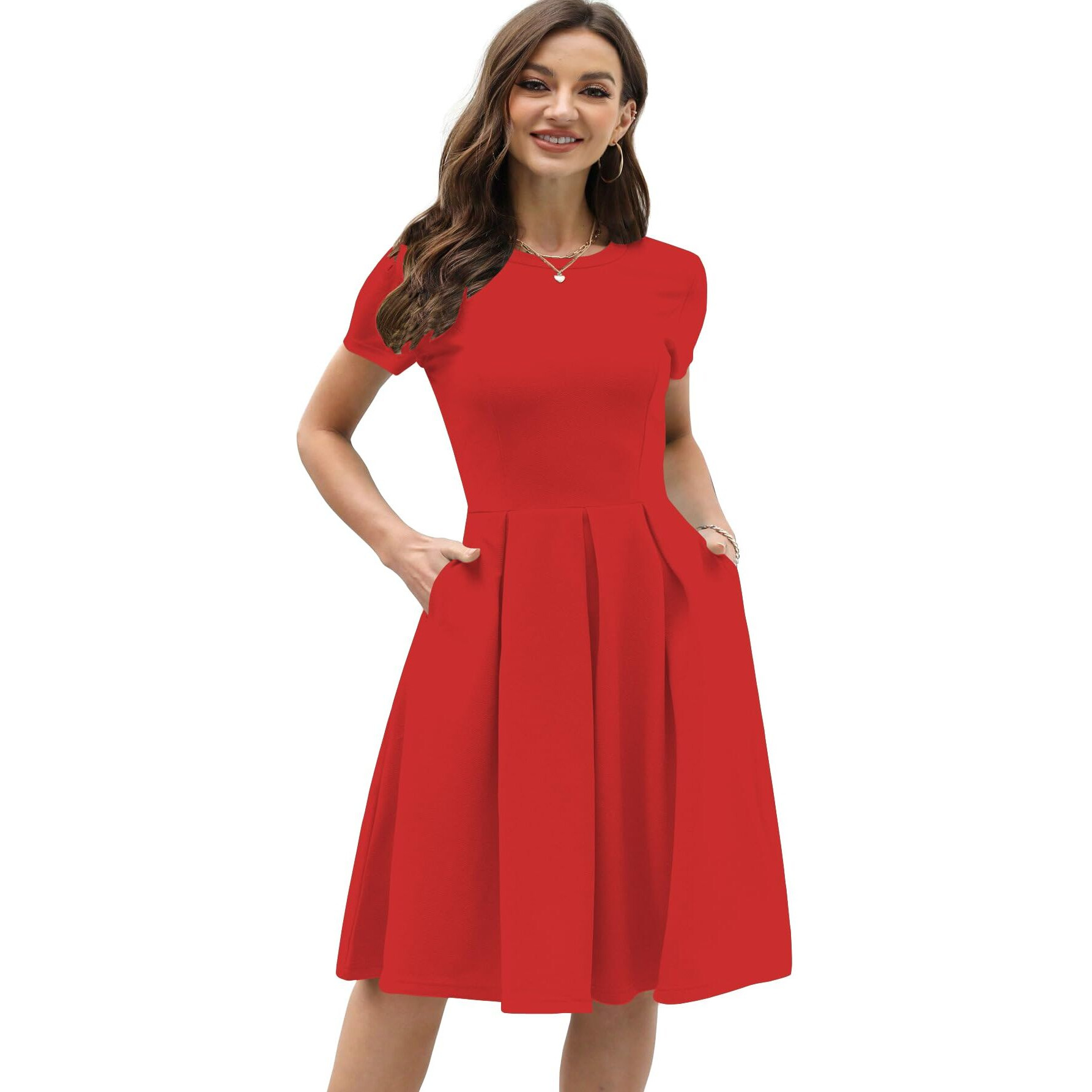 Shasmi Girl's & Women's Solid Red Color Solid Slant Pocket Fold Pleated, Women Cocktail Party Vintage Style With Pockets Big Swing Simple Retro Dress (Dress 166 Red-S)